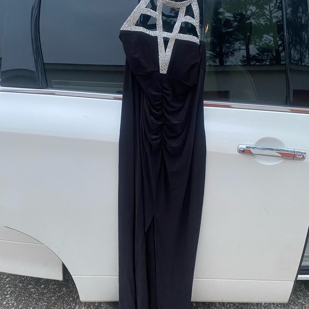 Elegant Black Evening Gown with Silver Accents